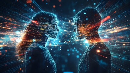 Digital Connection: Two ethereal figures, rendered in shimmering digital particles, face each other, creating a captivating image of connection and digital love.