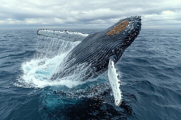 Fototapeta premium Humpback Whale Breaching Ocean Surface