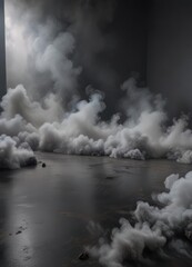 The empty floor is shrouded in a thick layer of smoke, reducing visibility to almost zero on a dark background, smoke, suspense