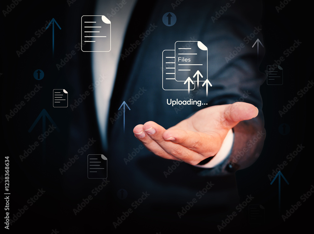 Poster online file and content uploading concept with arrows upward and floating design. data upload, serve