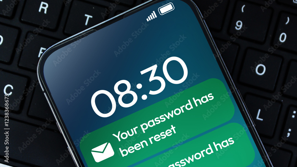 Poster password reset notification and message on the smartphone screen in green color, security and login 