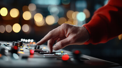 hand adjusting controls on machine with colorful lights in background, creating focused atmosphere