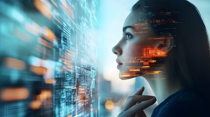 Woman and Digital World: A young woman's profile is superimposed with a futuristic digital cityscape, symbolizing the intersection of humanity and technology.