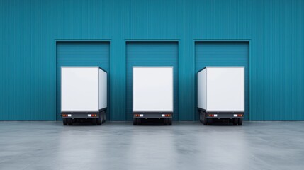 An industrial loading dock with multiple semi trailers parked and waiting to load or unload cargo containers and freight for distribution and supply chain logistics