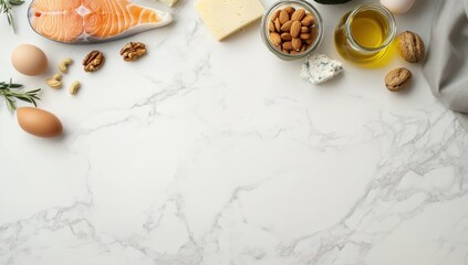 Fototapeta premium Different nutritious foods are carefully arranged on a marble surface, showcasing salmon, eggs, nuts, cheese, and olive oil for a balanced diet and healthy eating