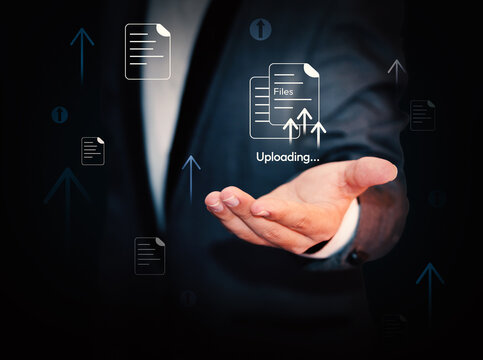 Online file and content uploading concept with arrows upward and floating design. Data upload, server, internet, online uploading concept backdrop