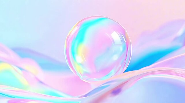 Holographic sphere slowly rotating on a pastel iridescent fabric, with beautiful light reflections