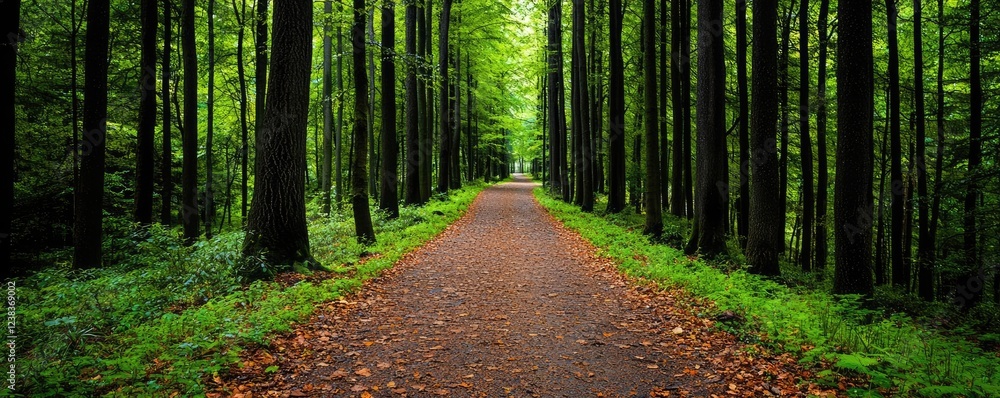 Poster forest pathway nature concept. a serene forest path lined with tall trees and lush greenery, invitin