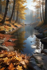 Obraz premium The forest floor is blanketed with fallen leaves as a mountain lake glistens in the distance, mountain, outdoor