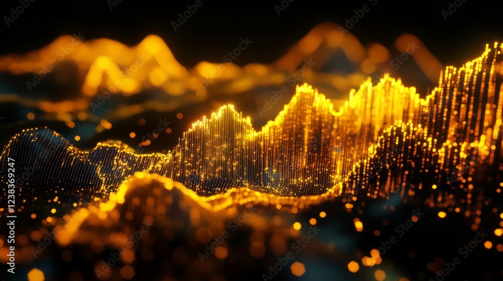 Aufkleber abstract digital landscape with glowing golden particles forming a dynamic wave pattern.