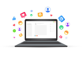 Social media faces and playful likes hovering and floating around the Laptop in multiple colors. Reactions, emotions, floating, colorful