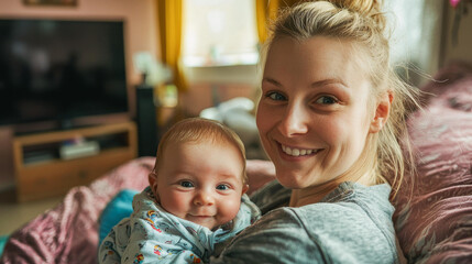 Happy mother holding new born baby and smiling on camera at home - Motherhood, family and maternity concept - Models by AI generative