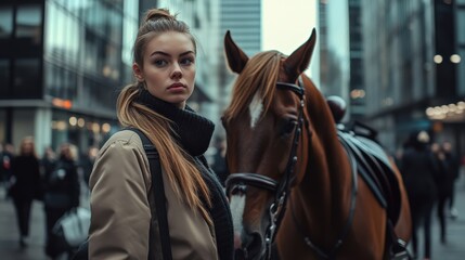 Fototapeta premium Woman with a horse in an urban setting, blending nature with city life. A unique moment captured in the hustle of a busy street.