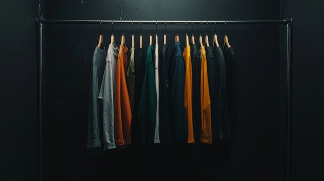 Colorful t-shirts hanging in dark closet