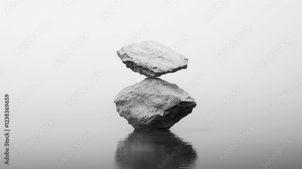 Poster grayscale serenity, a tranquil monochrome scene featuring a minimalist backdrop, emphasizing clean l