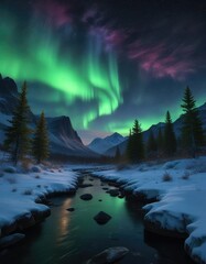 The gentle sparkle of snowflakes on a still mountain river as the northern lights dance across the night sky, nature, calm