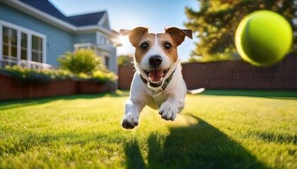 A playful dog joyfully chases a green ball across a lush lawn under blue skies.