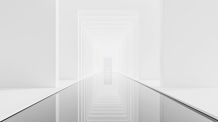 Greyscale Reflections, a mirrored monochrome environment fostering self-exploration, featuring a minimalist backdrop, clean lines, and expansive open space.