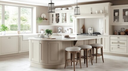 Elegant Modern Kitchen with Bright Light and Cozy Atmosphere Featuring a Central Island and Stylish Bar Stools