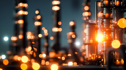 Obraz premium Industrial refinery at night with glowing lights and blurred background, showcasing modern technology and energy production