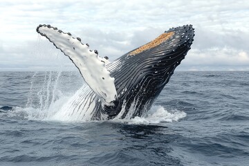 Fototapeta premium Humpback Whale Breaching Ocean Surface Displaying Flukes