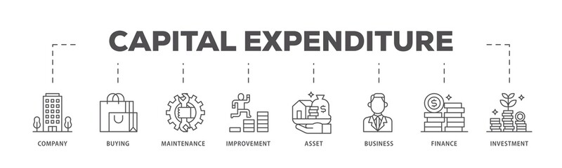 Capital expenditure infographic icons flow process which consists of company, buying, maintenance, improvement, asset, business, finance, investment icon live stroke and easy to edit .