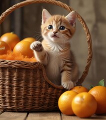 The kitten's soft purrs fill the air as it bats at an orange with its paw, sending it rolling across the wicker basket, woven, oranges