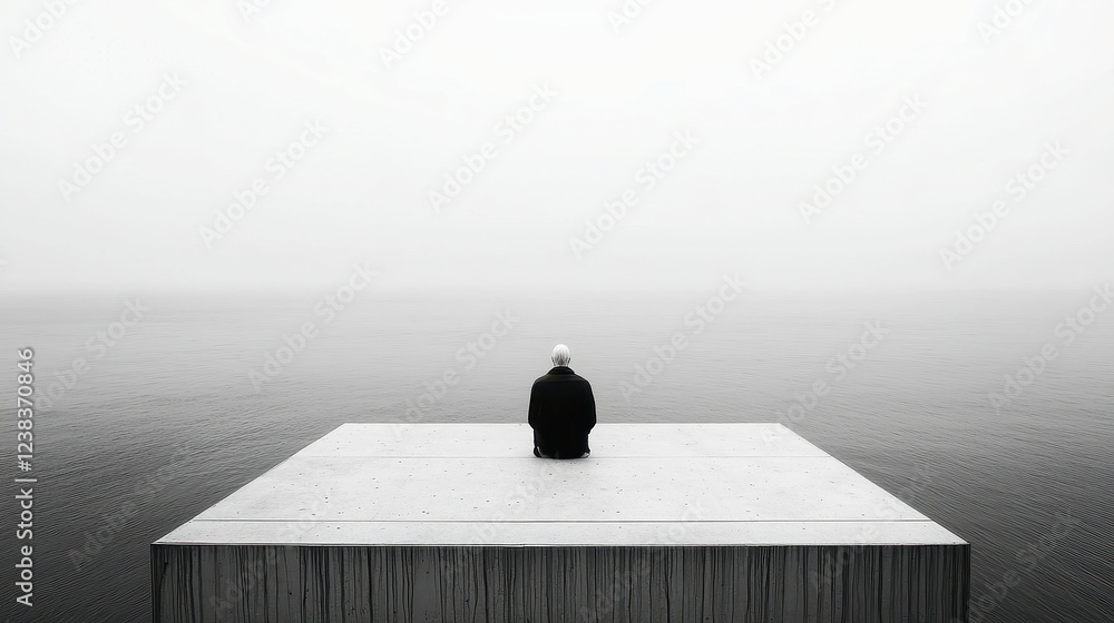 Poster melancholy silence, a somber monochrome setting evoking deep introspection, featuring a minimalist b