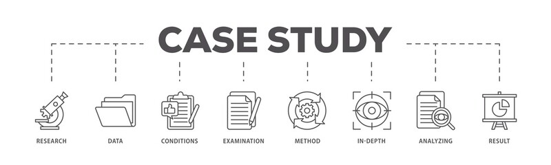 Case study infographic icons flow process which consists of research, data, conditions, examination, method, in-depth, analyzing, and result icon live stroke and easy to edit .