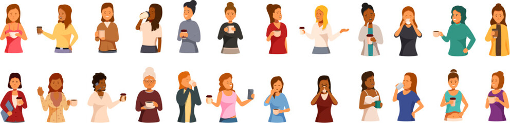 Woman drinking morning coffee icons set. Businesswomen and female employees enjoying their coffee break, drinking coffee and tea
