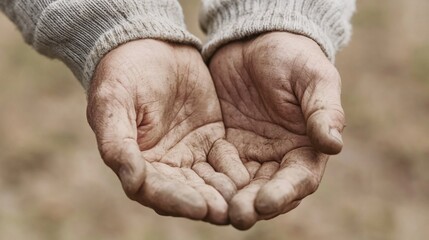 Elderly hands, cupped, outdoors, blurred background, poverty concept