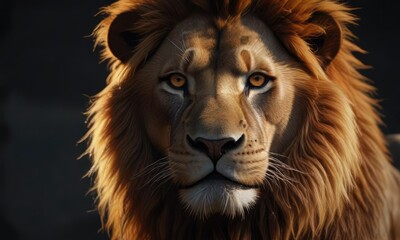 Naklejka premium The majestic lion's golden-orange mane shines like a beacon in the darkness, beacon, wildlife, mystery