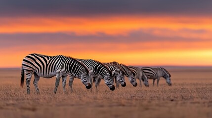 A herd of zebras grazing peacefully on an open grassland against a vibrant sunset sky  The silhouettes of the zebras stand out against the warm colorful backdrop