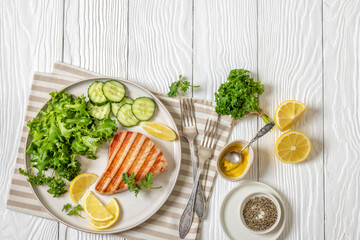 grilled tuna steak on a plate, top view