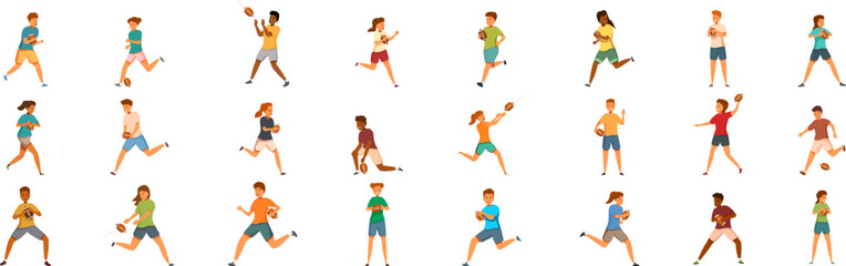 Children playing rugby icons set. Diverse group of athletes engaged in dynamic rugby or american football actions, showcasing athleticism and teamwork