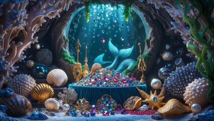 Mystical underwater treasure trove filled with pearls, shells, and sparkling gems in a vibrant oceanic cave