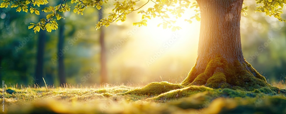 Poster rustic woods nature idea. sunlight filtering through leaves, illuminating a serene tree trunk in a l
