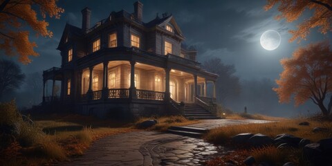 The porch of an old mansion creaks ominously underfoot as a full moon casts an eerie glow over the autumnal landscape , hauntingly beautiful, full moon