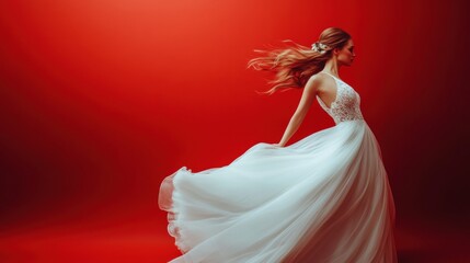 elegant woman in flowing white gown against red background
