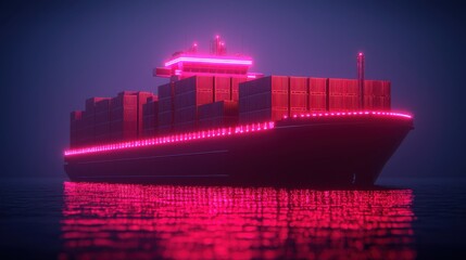 Obraz premium A massive cargo ship with glowing holographic blueprints drifting on the dark reflective ocean at night The ship s impressive silhouette is illuminated by vibrant neon like lights creating a surreal