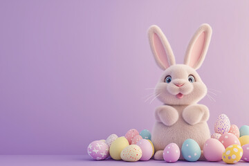 The Easter bunny stands around colorful Easter eggs on the right on a purple background. Banner for Easter. Celebration of Holy Easter.