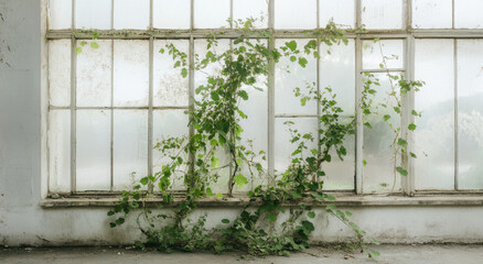 Naklejka premium The view reveals an old greenhouse with cracked glass windows, allowing nature to reclaim the space as wild vines grow energetically against the glass. The scene captures a moment of decay and beauty