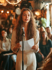 Obraz premium A woman with long hair is standing in front of a microphone