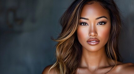 Fototapeta premium A striking young woman with flowing hair stands confidently, exuding grace and charm. Her radiant skin highlights her features, captivating the viewer in a tranquil and artistic setting