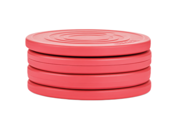 A stack of red weight plates designed for strength training and fitness workouts.