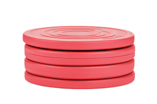 A stack of red weight plates designed for strength training and fitness workouts.