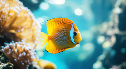 Obraz premium Brightly colored tropical fish swim playfully in clear water, surrounded by lush coral in a lively underwater environment. The scene showcases the rich marine biodiversity