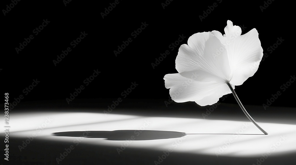 Poster serenity in shadows, a soft-lit grayscale scene merging light and dark, featuring a minimalist backd