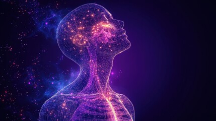 Cosmic Consciousness: A digital rendering of a human silhouette composed of glowing particles and interconnected lines, symbolizing the intricate web of connections within the mind, body, and soul.