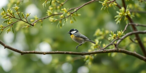 Fototapeta premium The slender branch of Fraxinus excelsior tree supporting a great tit in mid-spread, ornithology, bird in flight